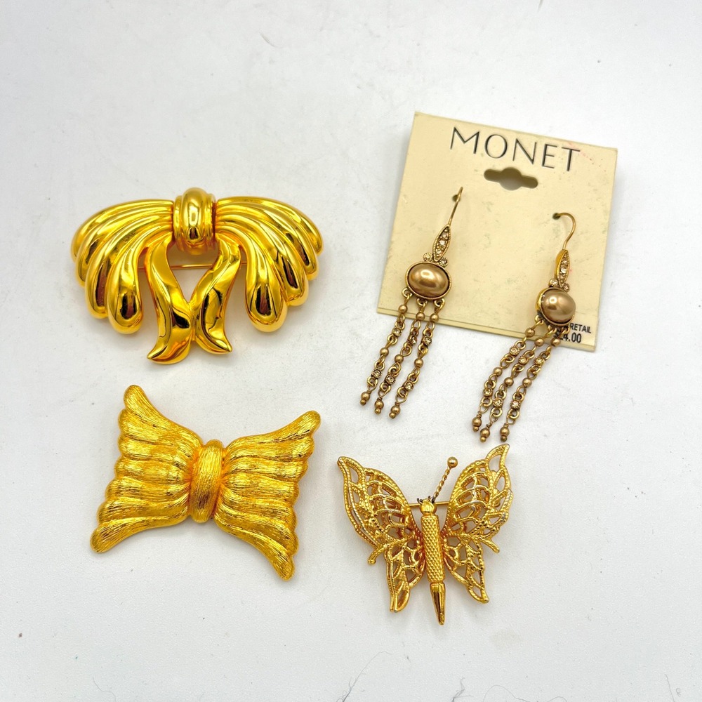 Vintage Monet Jewelry Lot 3 Brooches 1 Pair Dangle Earrings Gold Tone Butterfly